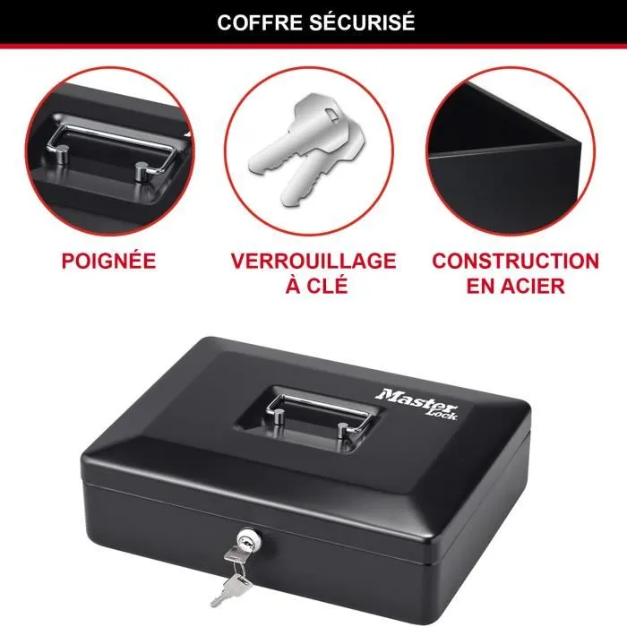 Master Lock CB-12ML Coffre-fort caisse moyenne avec plateau amovible à 8 compartiments, système de verrouillage à clé et poignée intégrée - Noir
