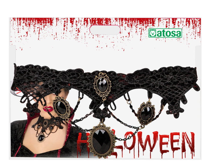 Collier Halloween Femme Adulte en Dentelle Noire avec Camée et Chaînes Pendentifs - Collier Gothique Vampiresque pour Costume