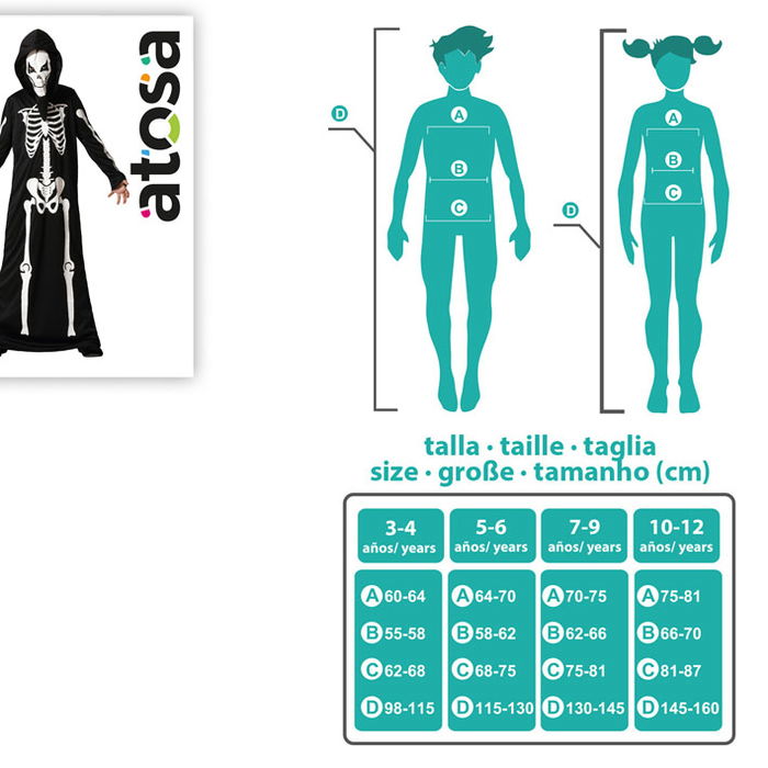 Déguisement Squelette Combinaison avec Capuche pour Enfant 5-6 Ans Unisexe - Idéal Halloween, Noir, Polyester