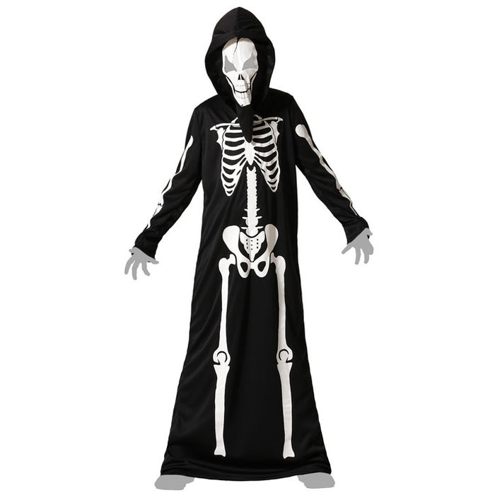 Déguisement Squelette Combinaison avec Capuche pour Enfant 5-6 Ans Unisexe - Idéal Halloween, Noir, Polyester