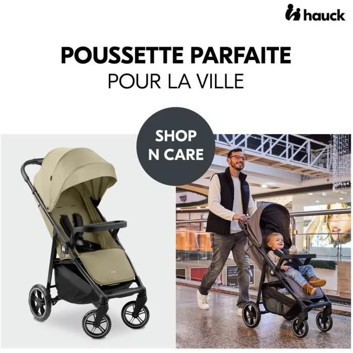 Hauck - Poussette compacte SHOP N CARE - 4 roues anti-crevaison - Dossier et repose-pieds réglables - Pare-soleil UPF 50+ - Panier XL - Olive