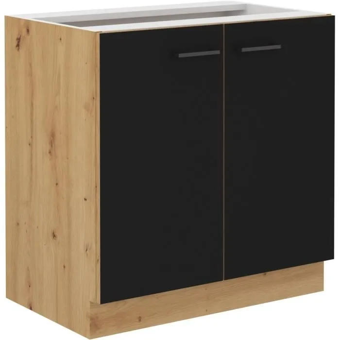 MODENA - Meuble bas de cuisine à 2 portes battantes 80 cm - Chêne artisan et noir mat - 80 x 52 x 82 cm