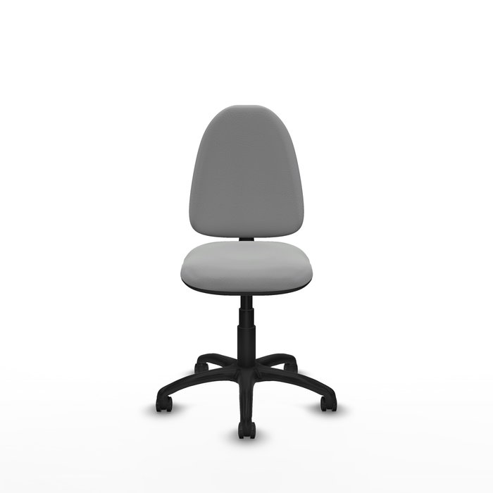 Chaise de bureau Aýna avec mécanisme de contact permanent de base, rembourrée en simili cuir gris clair. Équipée d'une base en polyamide noir, sans accoudoirs et avec roulettes pour parquet.