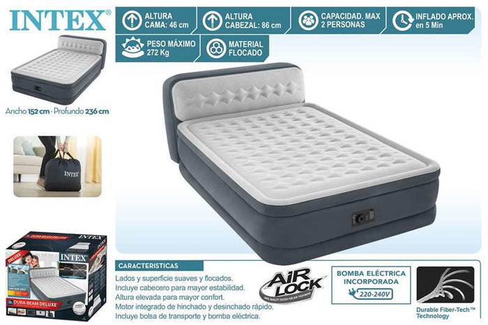 Intex - Matelas pneumatique Dura-Beam Deluxe Ultra Plush avec tête de lit, 152x236x86 cm, hauteur 46 cm, capacité de charge 227 kg