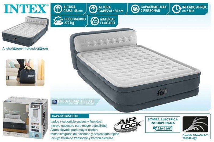 Intex - Matelas pneumatique Dura-Beam Deluxe Ultra Plush avec tête de lit, 152x236x86 cm, hauteur 46 cm, capacité de charge 227 kg