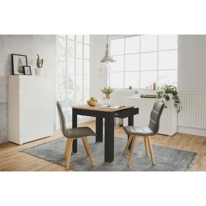 OSLO Table de cuisine rectangulaire pour 4 personnes avec tiroir de rangement - 80 x 77 x 80 cm - Noir et chêne - Style scandinave - Fabrication UE