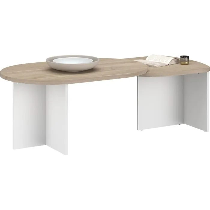 Parisot Table basse pivotante BETTY en chêne et blanc, forme ovale et plateau extensible, 90-130,4 x 60 x 42,2 cm