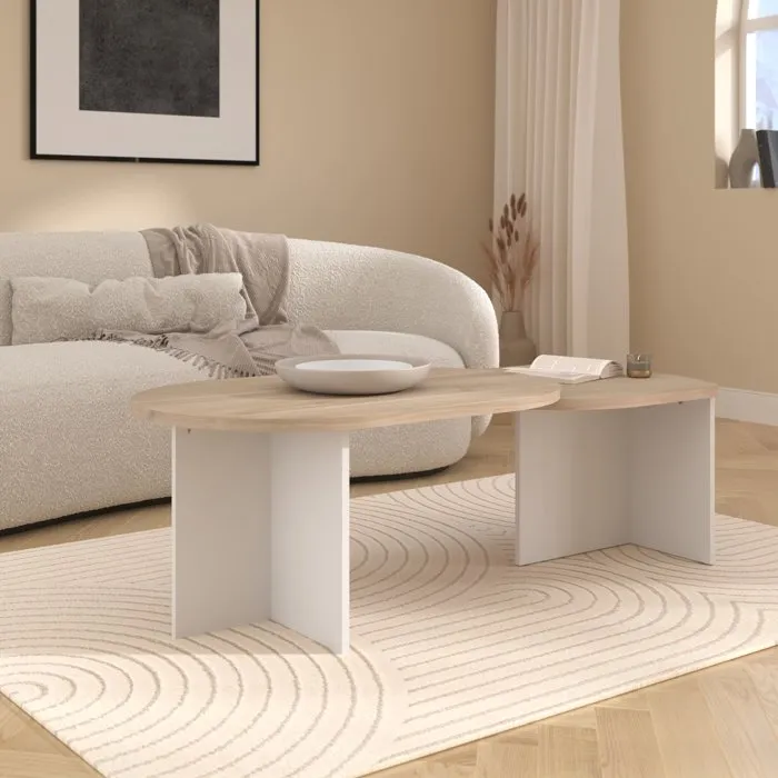 Parisot Table basse pivotante BETTY en chêne et blanc, forme ovale et plateau extensible, 90-130,4 x 60 x 42,2 cm