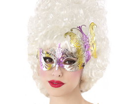 Masque loup violet carnaval femme adulte avec plumes et détails dorés