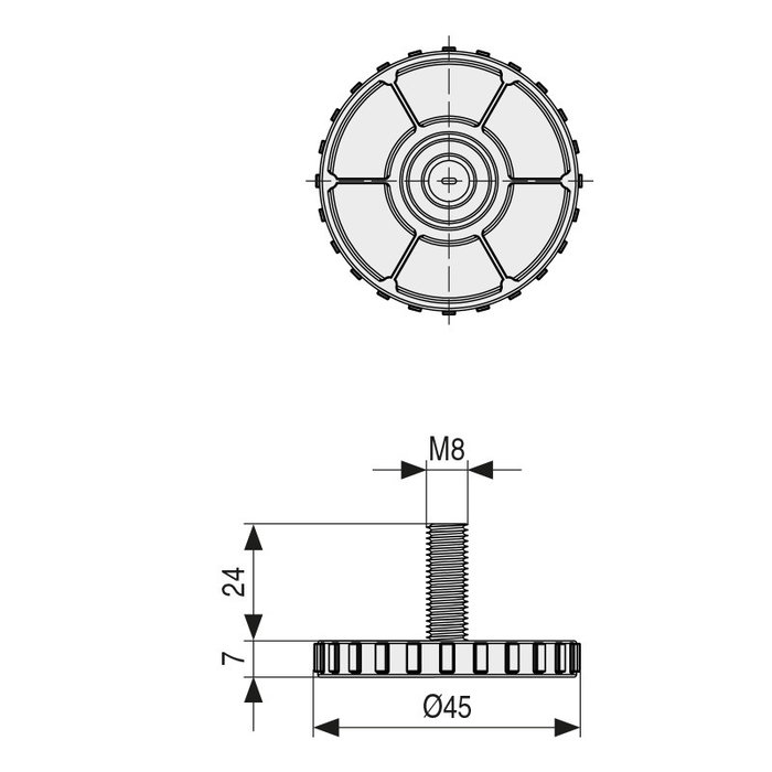 ALK System - Pie Nivelador TANO Ø45 M8x24 Gris Plata - Pied réglable avec empreinte Allen 4mm pour meuble, en acier et plastique
