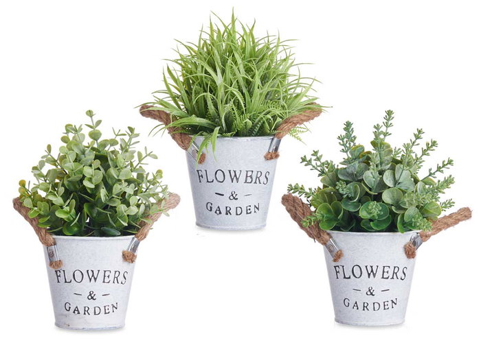 IBERGARDEN Plante décorative verte aspect vieilli avec pot métal 24cm