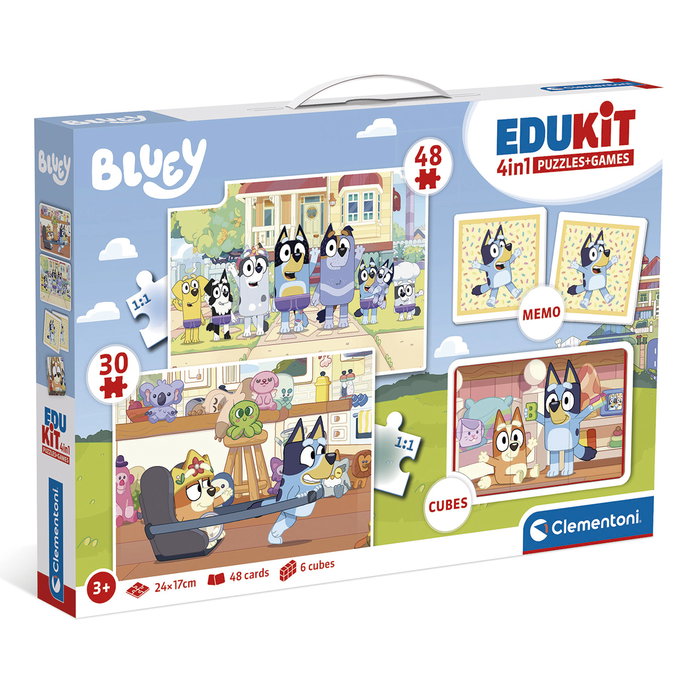 Clementoni Edukit 4 en 1 Bluey 18320 - Jeu éducatif pour développer mémoire, logique et dextérité dès 3 ans