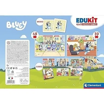 Clementoni Edukit Bluey Coffret Apprentissage 4 en 1 Puzzles Mémo Jeux de Cubes Fabriqué en Italie Dès 4 ans