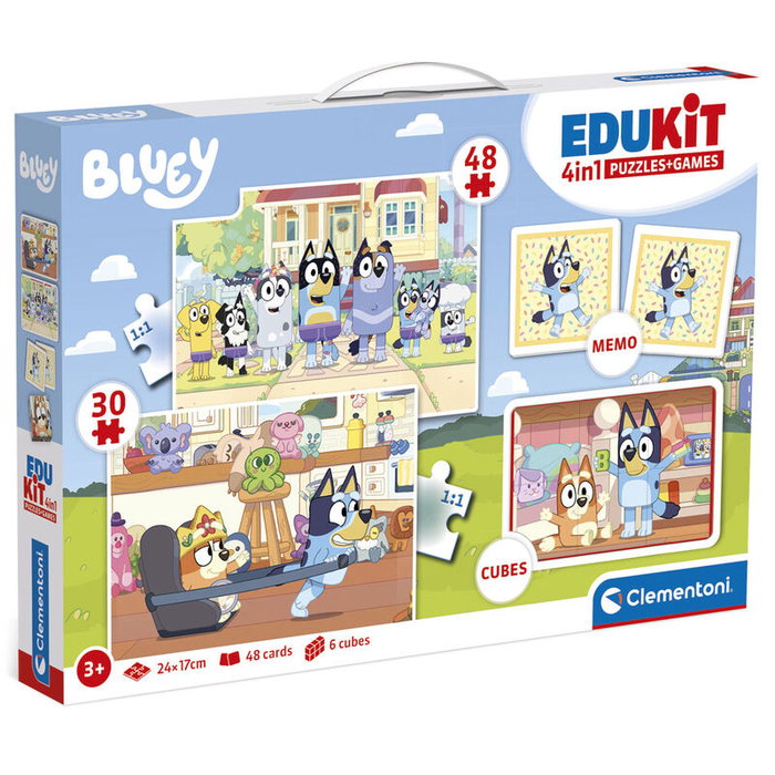 Clementoni Edukit Bluey 4 en 1 Coffret Apprentissage avec Puzzles, Mémo et Cubes de Jeux de Société et de Récréation