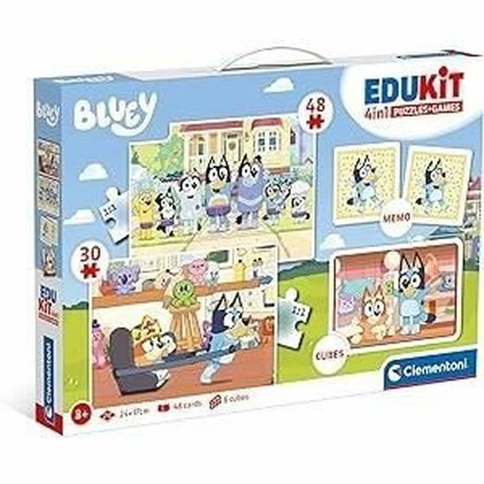 Clementoni Edukit Bluey 4 en 1 Coffret Apprentissage avec Puzzles, Mémo et Cubes de Jeux de Société et de Récréation