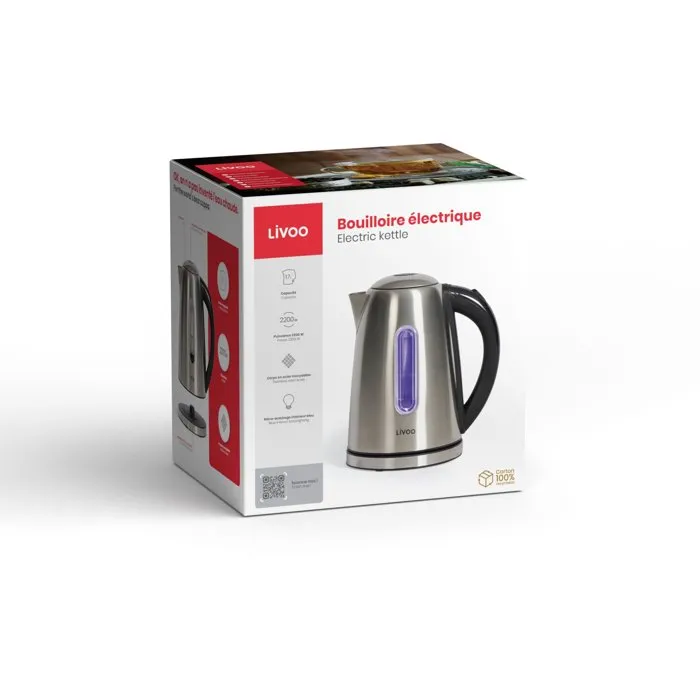Livoo Bouilloire DOD195 - 2200W - 1,7L - Acier Inoxydable - Socle 360° - Filtre Amovible et Arrêt Automatique