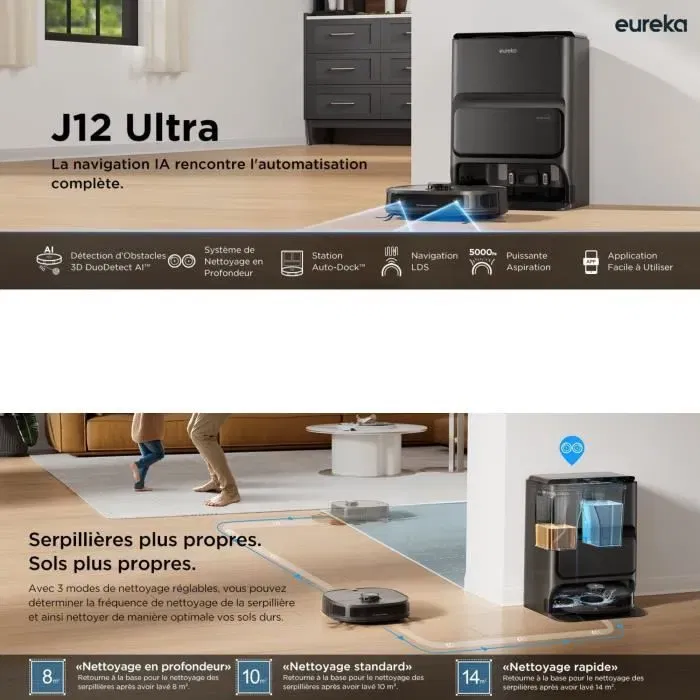 Eureka J12 Ultra - Robot Aspirateur Laveur avec Station Automatique de Vidange, Séchage et Recharge, IA DuoDetect 3D, Navigation LiDAR, Autonomie 180 Min - Blanc