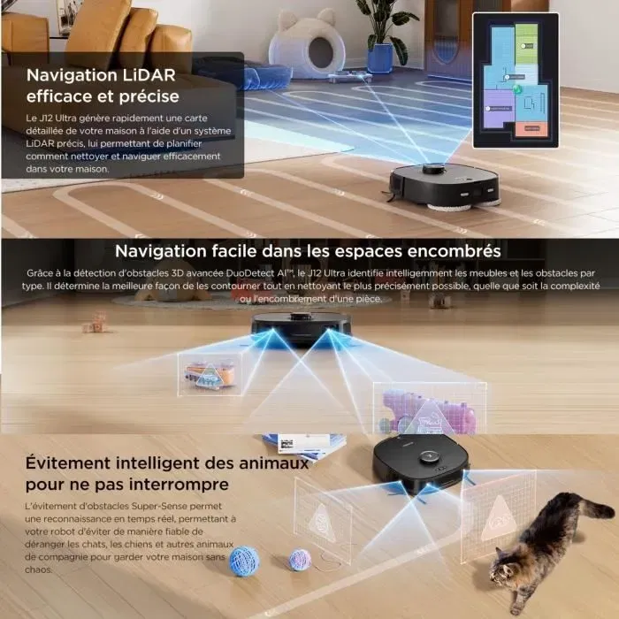 Eureka J12 Ultra - Robot Aspirateur Laveur avec Station Automatique de Vidange, Séchage et Recharge, IA DuoDetect 3D, Navigation LiDAR, Autonomie 180 Min - Blanc