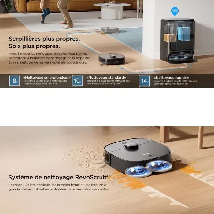 Eureka J12 Ultra - Robot Aspirateur Laveur avec Station Automatique de Vidange, Séchage et Recharge, IA DuoDetect 3D, Navigation LiDAR, Autonomie 180 Min - Blanc