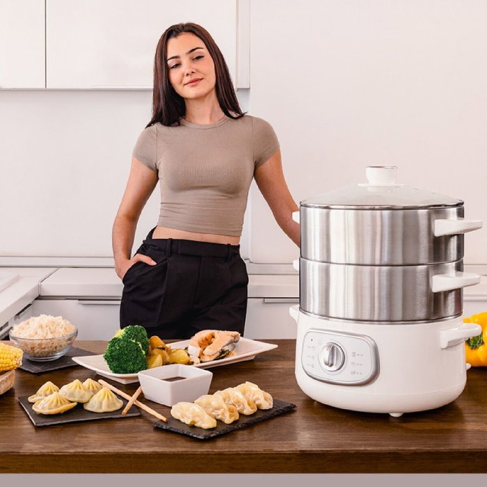 Cuiseur vapeur électrique Cecotec SteelPot 1300W, 3 bacs inox, arrêt auto, blanc