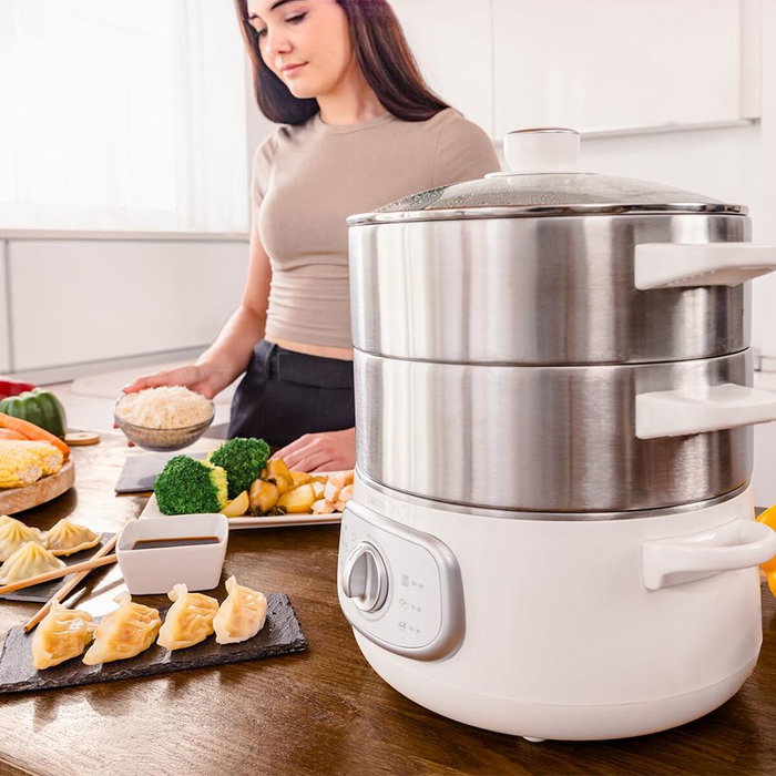 Cuiseur vapeur électrique Cecotec SteelPot 1300W, 3 bacs inox, arrêt auto, blanc