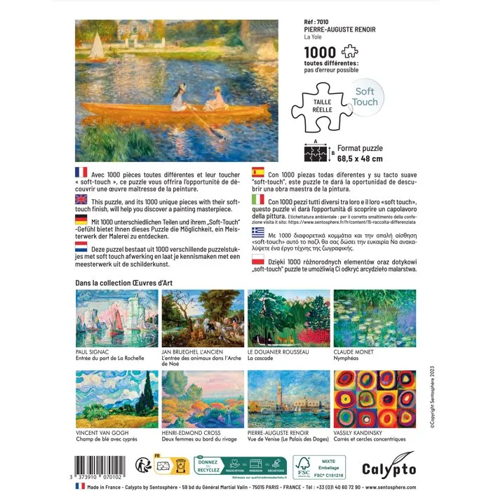 Sentosphere - Puzzle Calypto 1000 pièces - 'La Yole' de Pierre-Auguste Renoir - Toucher soyeux - À partir de 9 ans