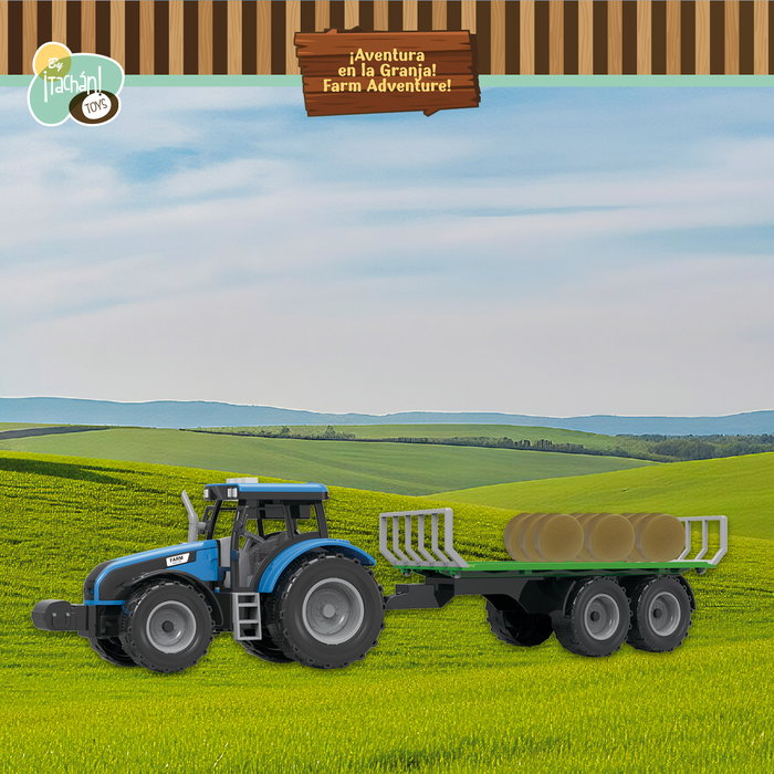 TACHAN Tractor Bleu avec Remorque Jouet 1:32 - À Friction, avec Lumières et Sons - Référence T0105 - Jouet Agricole Enfant