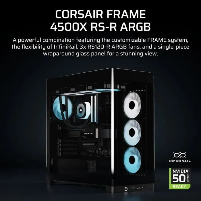 Corsair FRAME 4500X RS-R ARGB - Boîtier PC Moyen-Tour en verre trempé - Support 2 radiateurs 360 mm - 10 ventilateurs - Noir