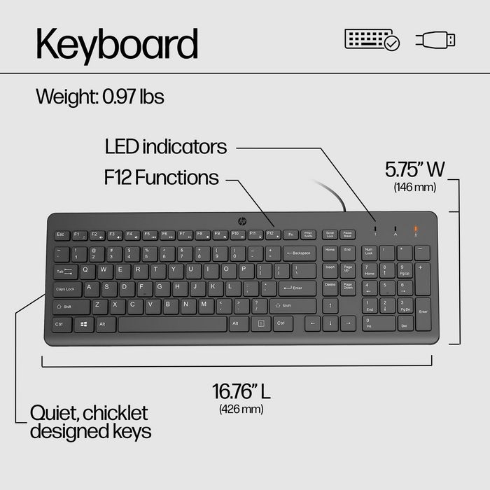 HP 150 - Clavier filaire d'ordinateur, design ergonomique avec pavé numérique et touches de verrouillage LED