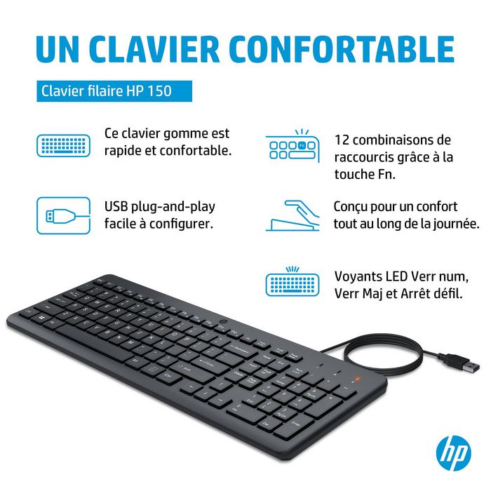 HP 150 - Clavier filaire d'ordinateur, design ergonomique avec pavé numérique et touches de verrouillage LED