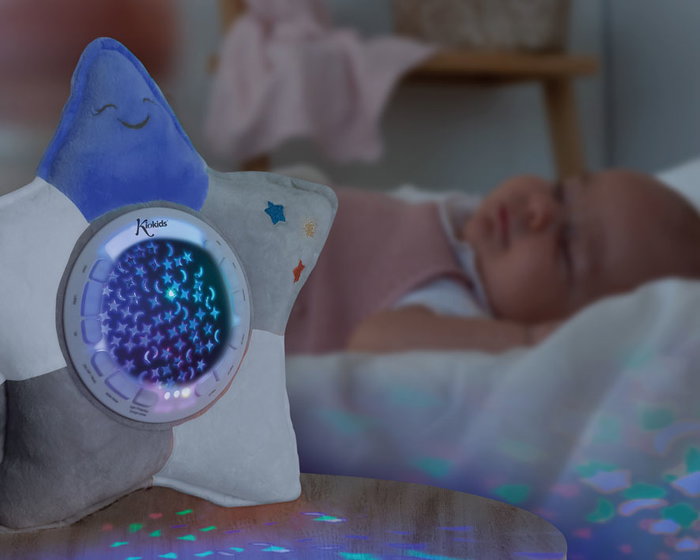 KioKids Étoile Peluche avec Projeteur Lumineux, Musique et Bruit Blanc - 10 Berceuses, 6 Modes Lumière, Démontable pour Lavage - Jouet d'Éveil et Calme pour Bébé 0+ Mois