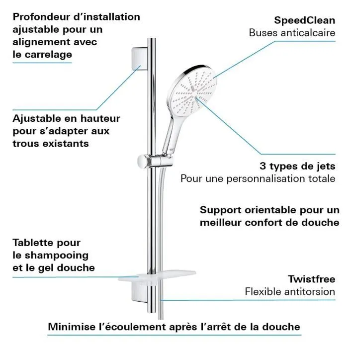 GROHE Ensemble de douche 3 jets avec barre réglable, douchette et mitigeur thermostatique, finition chromée