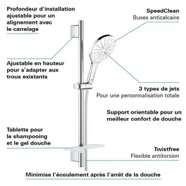 GROHE Ensemble de douche 3 jets avec barre réglable, douchette et mitigeur thermostatique, finition chromée