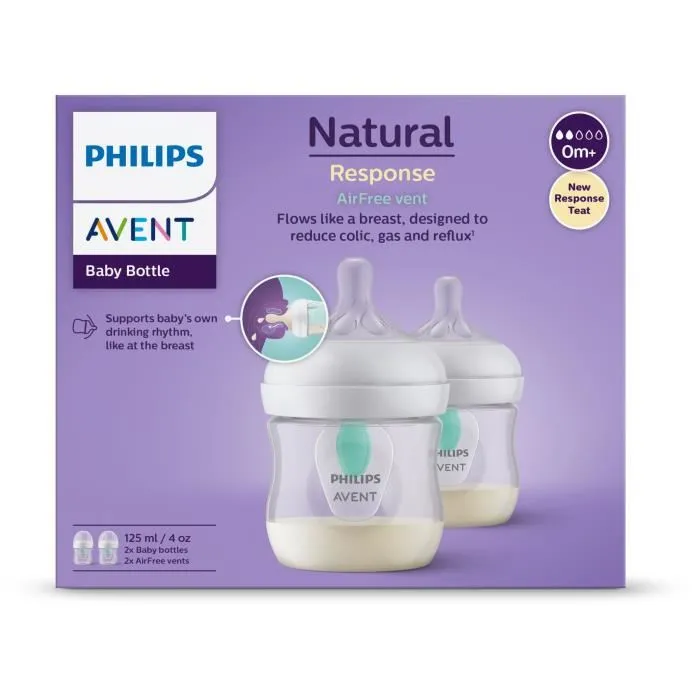 Philips Avent Natural 3.0 - Lot de 2 biberons 125 ml anti-colique avec tétine AirFree imitant le sein, blanc Philips Avent Natural 3.0 - Lot de 2 biberons 125 ml anti-colique avec tétine AirFree imitant le sein, blanc