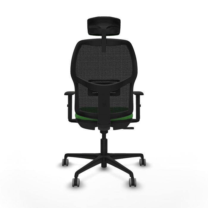 Chaise Alfera Synchro 4 positions tissu Vert Maille Noir Base en nylon noir Accoudoir 1D Appui-tête 2D Roulettes 65mm pour moquette Chaise Alfera Synchro 4 positions tissu Vert Maille Noir Base en nylon noir Accoudoir 1D Appui-tête 2D Roulettes 65mm pour moquette