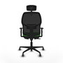 Chaise Alfera Synchro 4 positions tissu Vert Maille Noir Base en nylon noir Accoudoir 1D Appui-tête 2D Roulettes 65mm pour moquette