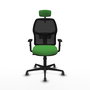 Chaise Alfera Synchro 4 positions tissu Vert Maille Noir Base en nylon noir Accoudoir 1D Appui-tête 2D Roulettes 65mm pour moquette
