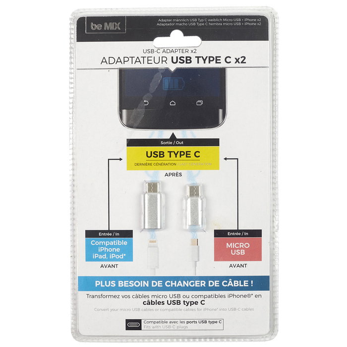 Be Mix Lot de 2 Adaptateurs USB Type-C (iPhone et Micro USB) inevitable Be Mix Lot de 2 Adaptateurs USB Type-C (iPhone et Micro USB) inevitable