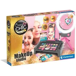Clementoni Atelier de Maquillage Crazy Chic Make-Up Studio avec Lampe LED, Support Smartphone et Application Dédiée pour Jeunes Filles – Cosmétiques Créatifs et Sécurisés