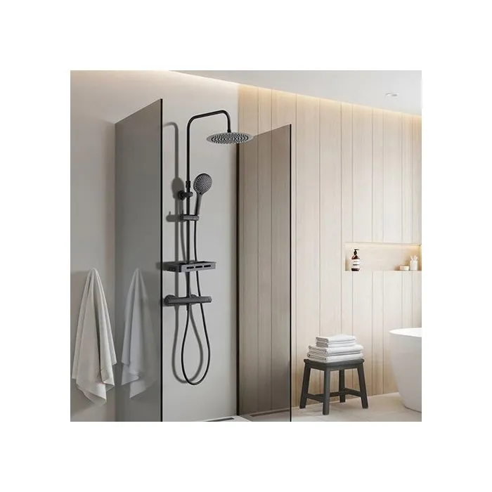 Edouard Rousseau - Colonne de douche thermostatique avec mitigeur, douchette main et tête ronde, finition noire, entraxe 150 mm, modèle Ars Tab