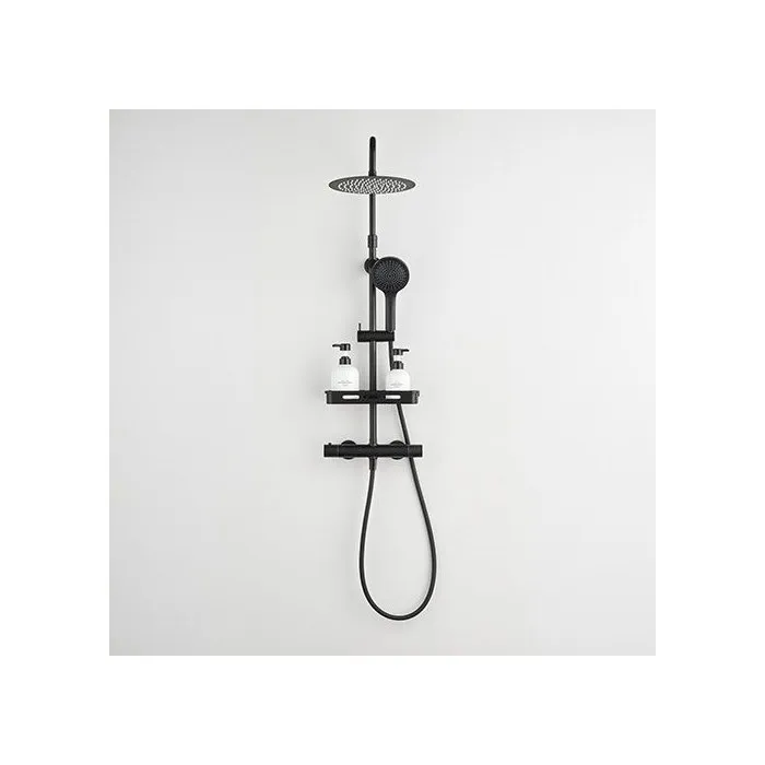 Edouard Rousseau - Colonne de douche thermostatique avec mitigeur, douchette main et tête ronde, finition noire, entraxe 150 mm, modèle Ars Tab