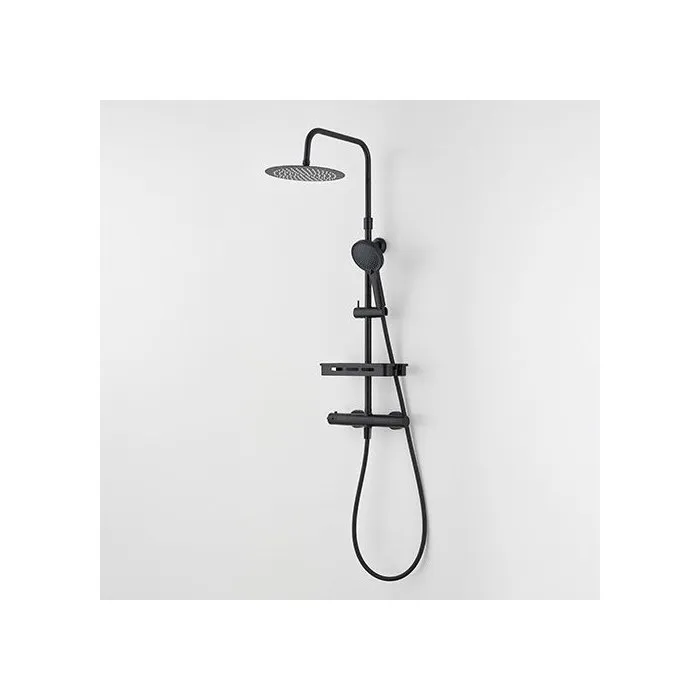 Edouard Rousseau - Colonne de douche thermostatique avec mitigeur, douchette main et tête ronde, finition noire, entraxe 150 mm, modèle Ars Tab