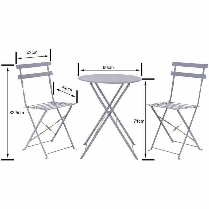 Jeu de bistro pliable en acier, table et 2 chaises, couleur grise