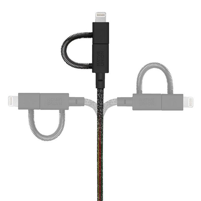 Native Union - Câble de charge 3-en-1 2 m Micro-USB, Lightning et USB-C avec gaine en nylon, TPE, cuir et acier - Certifié Apple MFi et USB-IF