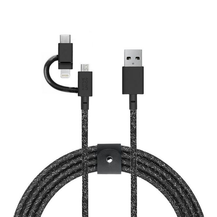 Native Union - Câble de charge 3-en-1 2 m Micro-USB, Lightning et USB-C avec gaine en nylon, TPE, cuir et acier - Certifié Apple MFi et USB-IF