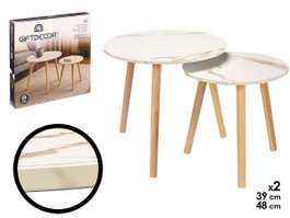 Giftdecor Lot de 2 tables d'appoint 39 et 48 cm pieds naturels bois blanc