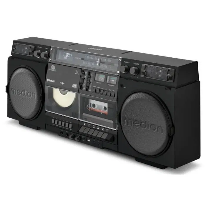 Medion Boombox Rétro avec Radio DAB+/FM, Lecteur CD MP3 frontal, Cassette et Bluetooth - 2x10 W RMS - Noir