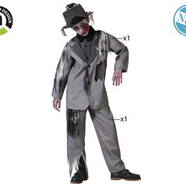 Déguisement enfant fantôme marié avec veste et pantalon rayés, taille 5-6 ans, gris, thème Halloween