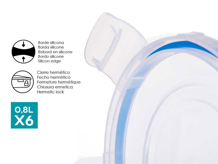 Leknes Lot de 6 Boîtes de Conservation Plastique Rondes 800 ml 15x7x15 cm Bleu Transparent (Set de 8)