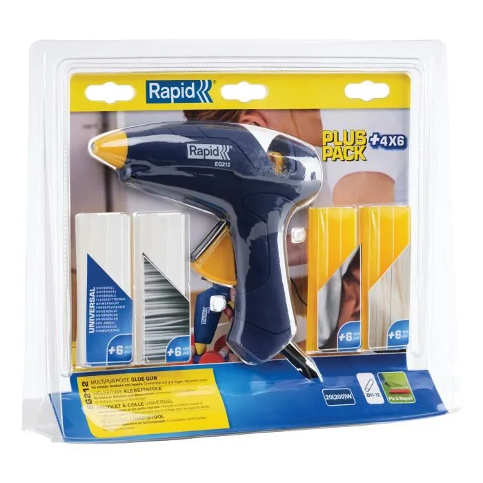 Rapid EG212 Pistolet à colle chaude 20W avec support ajustable, embout silicone et 4 bâtons de colle Ø12mm pour travaux de décoration et réparation